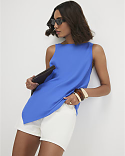 Blue Linen Blend Asymmetric Tank Top