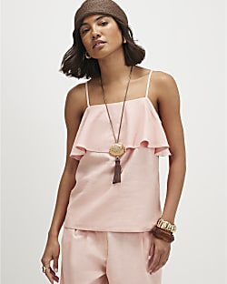Pink Linen Blend Tiered Cami Top