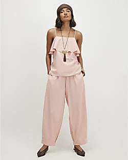 Pink Linen Blend Tapered Balloon Leg Trousers