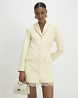 Yellow Long Sleeve Lace Trim Blazer Dress