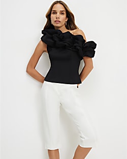 Black Ruffled One Shoulder Top