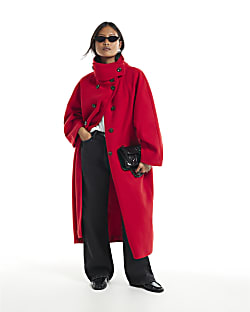 Petite Red Funnel Neck Robe Coat