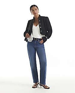 Petite Blue Belted Stretch Straight Leg Jeans