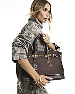 Brown Faux Suede Soft Lock Front Tote Bag