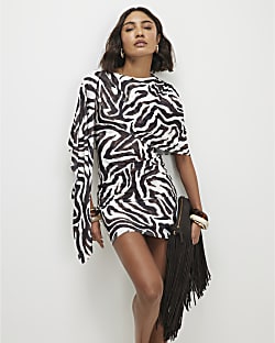 White Zebra Print Asymmetric Cape Dress