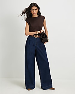 Blue High Waisted Pleat Belted Wide Leg Jeans