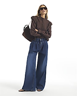 Blue Corset Waist High Waist Wide Leg Jeans