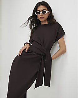 Brown Tie Side Midi Dress