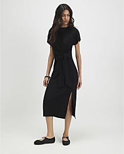 Black Premium Tie Side Midi Dress