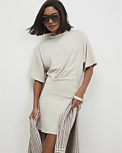 Cream Premium Tuck Side Mini Dress