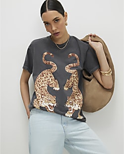 Grey Cotton Leopard Print T-Shirt