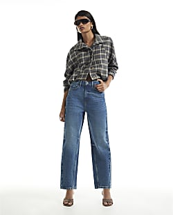 Blue Mid Rise Washed Mom Jeans