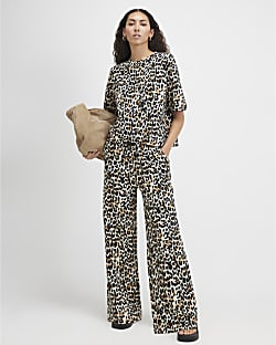 Brown Premium Leopard Print Wide Leg Joggers