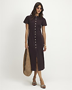 Brown Button Up Cap Sleeve Denim Midi Dress