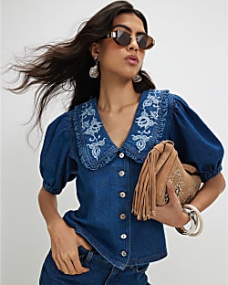 Blue Denim Puff Sleeve Embroidered Shirt