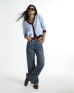 Blue V-neck Long Sleeve Cardigan