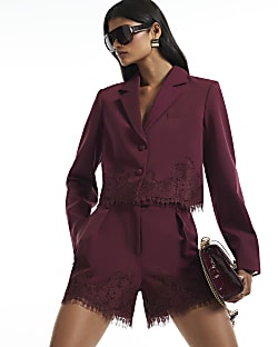 Burgundy Lace Trim Crop Blazer