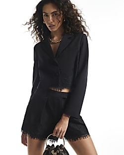 Black Lace Trim Crop Blazer