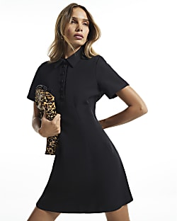 Black Collared Button Mini Dress