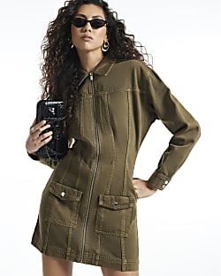 Khaki Denim Zip Through Dress
