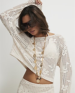 Beige Long Sleeve Floral Crochet Top