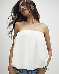White Sleeveless Bandeau Bubble Hem Top