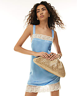 Gold Leather Ruched Woven Clutch Bag