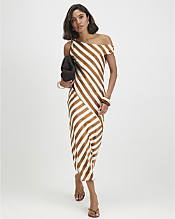 Cream Stripe Satin Asymmetric Midi Dress