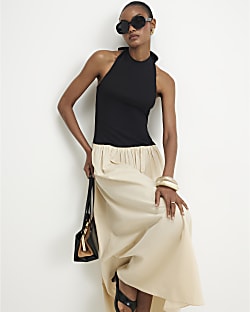 Beige Racer Neck Hybrid Midi Dress