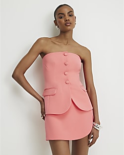 Pink Tailored Button Front Bandeau Top
