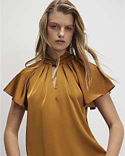 Brown Satin Angel Sleeve Twist Front Top