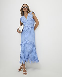 Blue Broderie Midi Dress