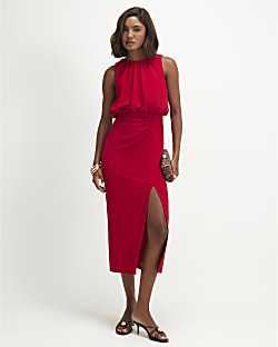 Red Crew Neck Ruched Side Midi Dress