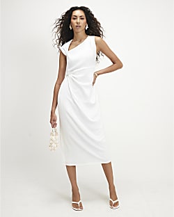 Cream Tie Side Drape Midi Dress