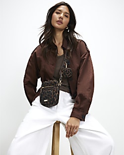 Brown Leopard Webbing Strap Crossbody Bag