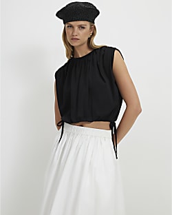 Black Cotton Short Sleeve Bubble Hem T-shirt