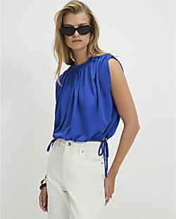 Blue Cotton Sleeveless Bubble Hem T-shirt