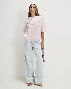 Pink Short Sleeve Lace Front T-Shirt