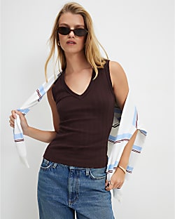 Brown Wide Ribbed V Neck Tank Top