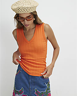 Orange Cotton Blend Wide Rib V Neck Tank Top