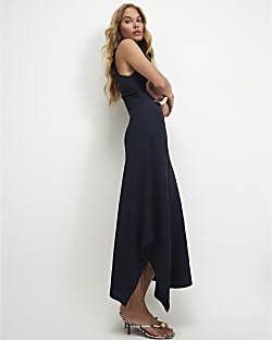 Navy Halter Neck Textured Midi Dress
