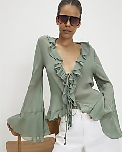 Green Long Sleeve Ruffle Front Blouse