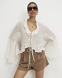 White Long Sleeve Ruffle Front Blouse