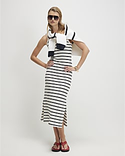 Navy Crochet Striped Midi Dress
