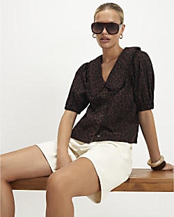Brown Collared Leopard Print Denim Shirt