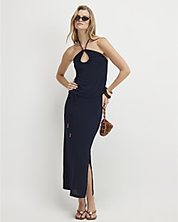 Navy Beaded Tie Midi Skirt