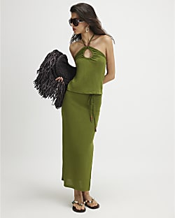 Green Beaded Midi Skirt