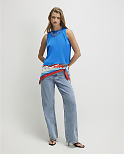 Blue Satin Racer Neck Top