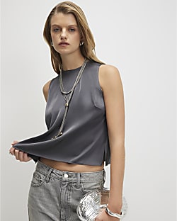 Grey Satin Racer Neck Top