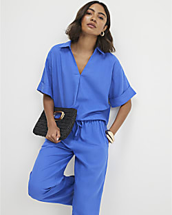 Blue Linen Blend Short Sleeve Shirt
